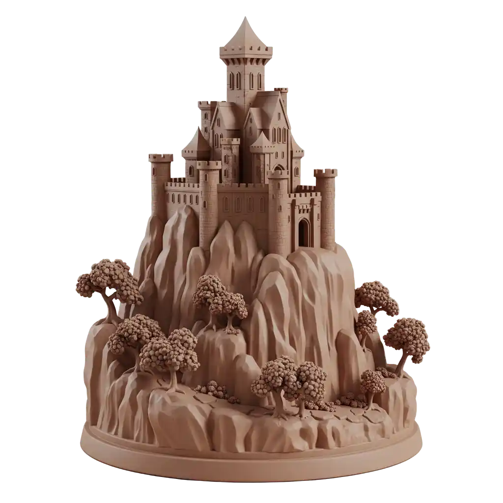 castle on a mountain with pine trees