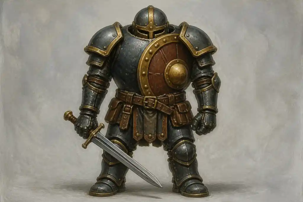 Two painted miniature parts driven through each other: a round shield sunk halfway into a knight’s chest and his helmeted head sunk into his shoulders, the parts sharing the same space instead of meeting at a surface.