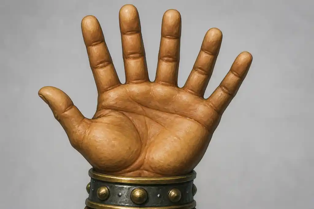The open hand of a painted fantasy miniature with an extra finger: six digits spread where a hand has five.
