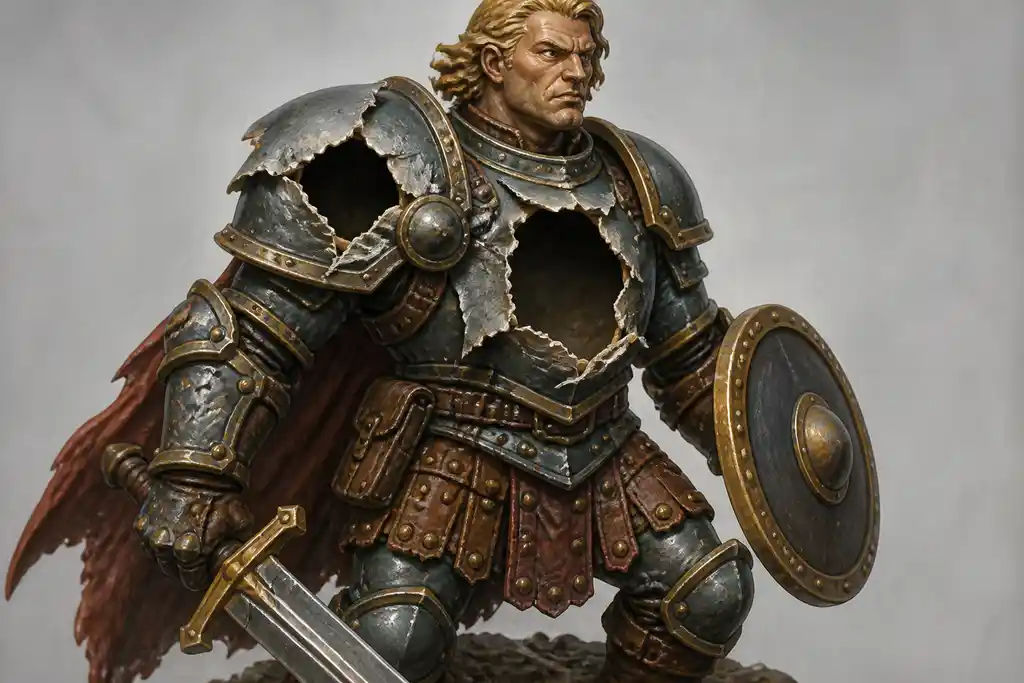 A painted fantasy warrior miniature with a torn, broken surface: ragged holes through the shoulder and chest and loose flapping shards of shell where the model should be solid.