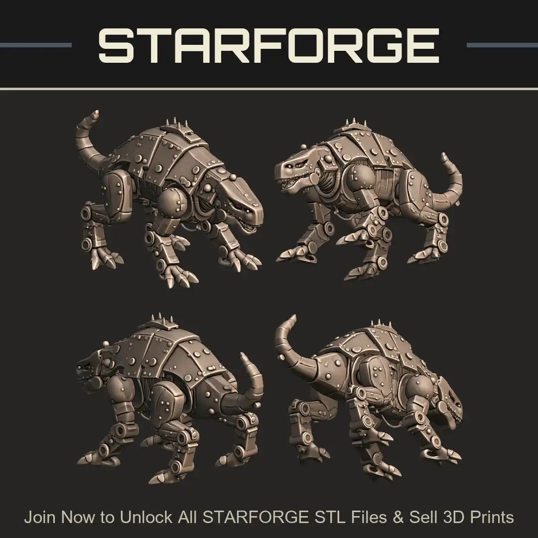 Armored Mechanical Robot Dinosaur T-Rex Quadruped Prowling Spiked Riveted Cyber Beast - 4 View Render