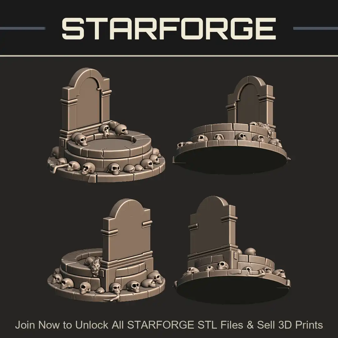 Cracked Stone Round Tiered Dais Skulls Arched Monument Grave Headstone Circular Base - 4 View Render