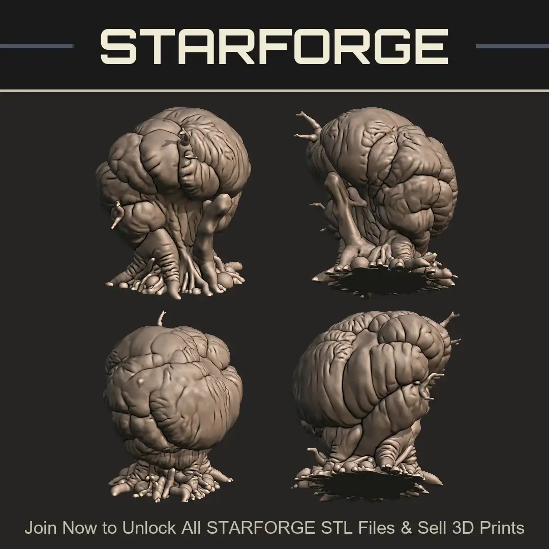 Fleshy Lobed Brain Fungus Mushroom Alien Spore Pod Growth Rooted Eggs Wrinkled Stalk Tendrils - 4 View Render