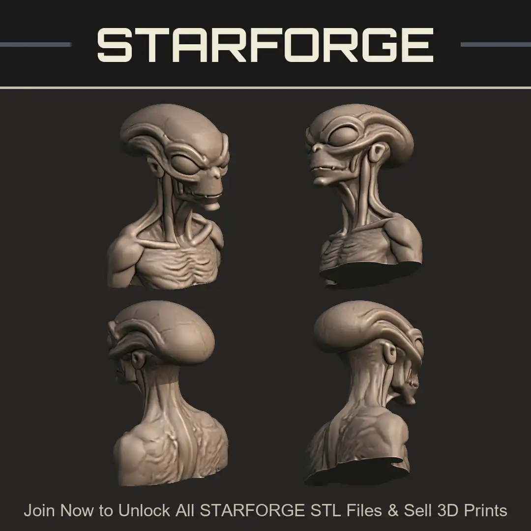 Grey Humanoid Alien Head Bust Elongated Cranium Crest Ribcage Neck Tendons Large Eyes - 4 View Render