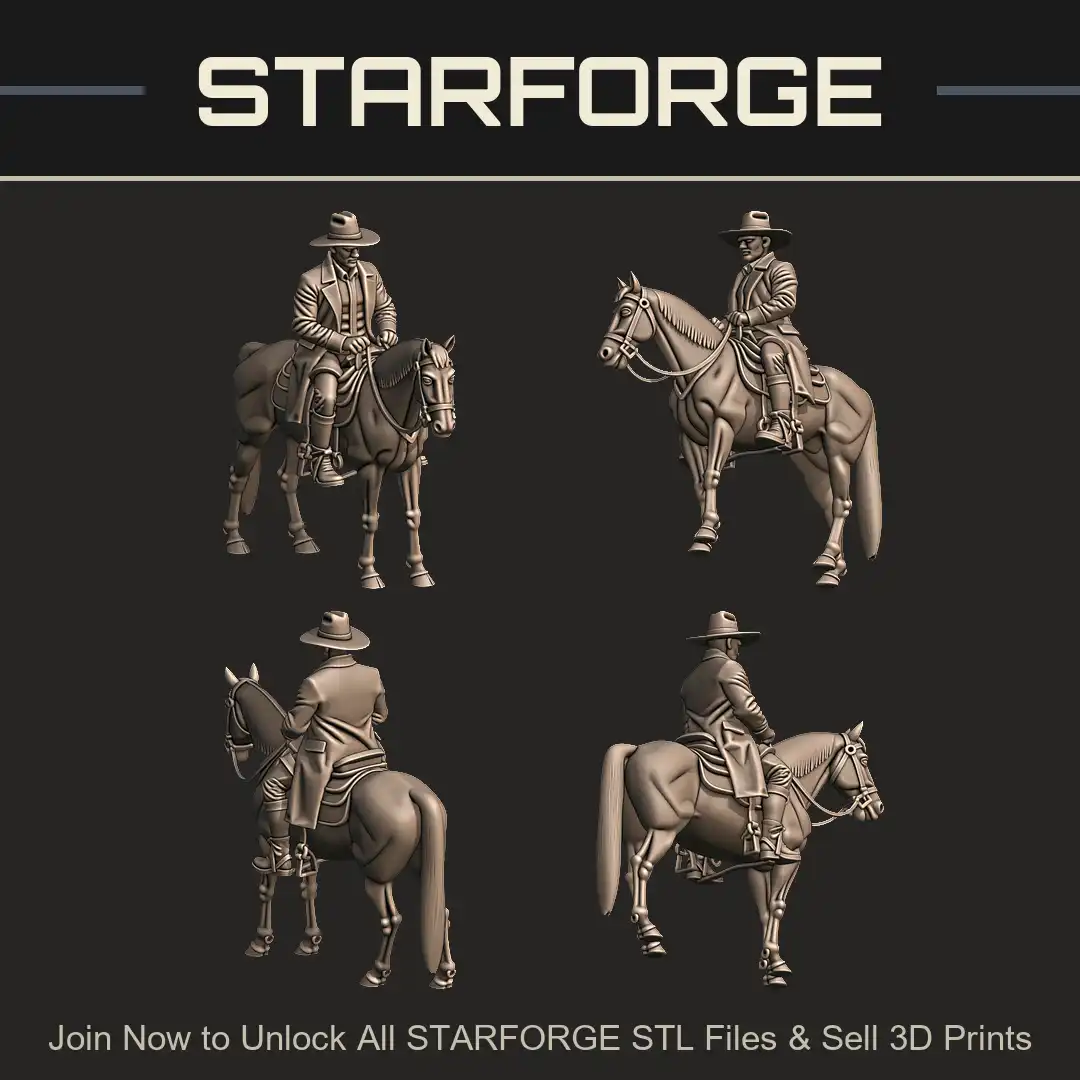 Mounted Western Cowboy Gunslinger Outlaw Duster Coat Hat Horse Saddle Lasso Spurs Stirrups - 4 View Render