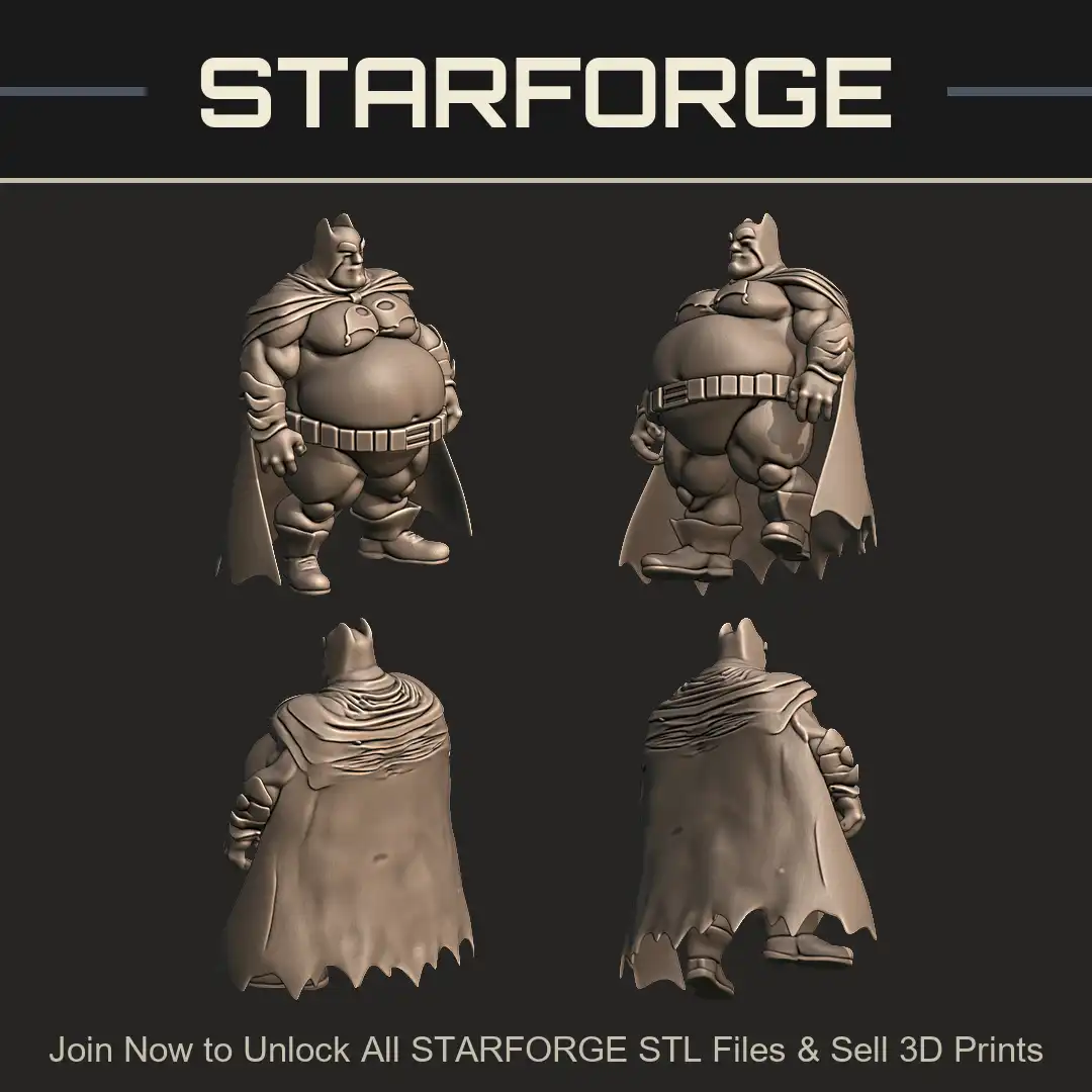 Obese Fat Batman Superhero Cowl Mask Scalloped Cape Utility Belt Finned Gauntlets - 4 View Render