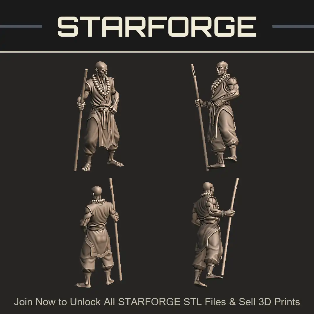 Shaolin Monk Bo Staff Quarterstaff Prayer Beads Mala Necklace Muscular Barefoot Bald - 4 View Render