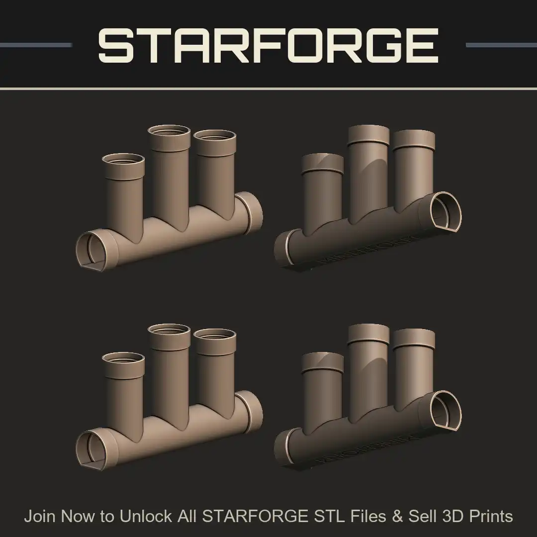 Triple Vertical Branch Manifold Pipe Fitting Flat Bottom D Shape Socket Plumbing - 4 View Render