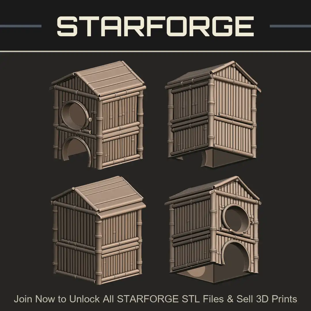 Two Story Bamboo Hut Tropical Jungle Shack Circular Porthole Window Arched Entrance - 4 View Render