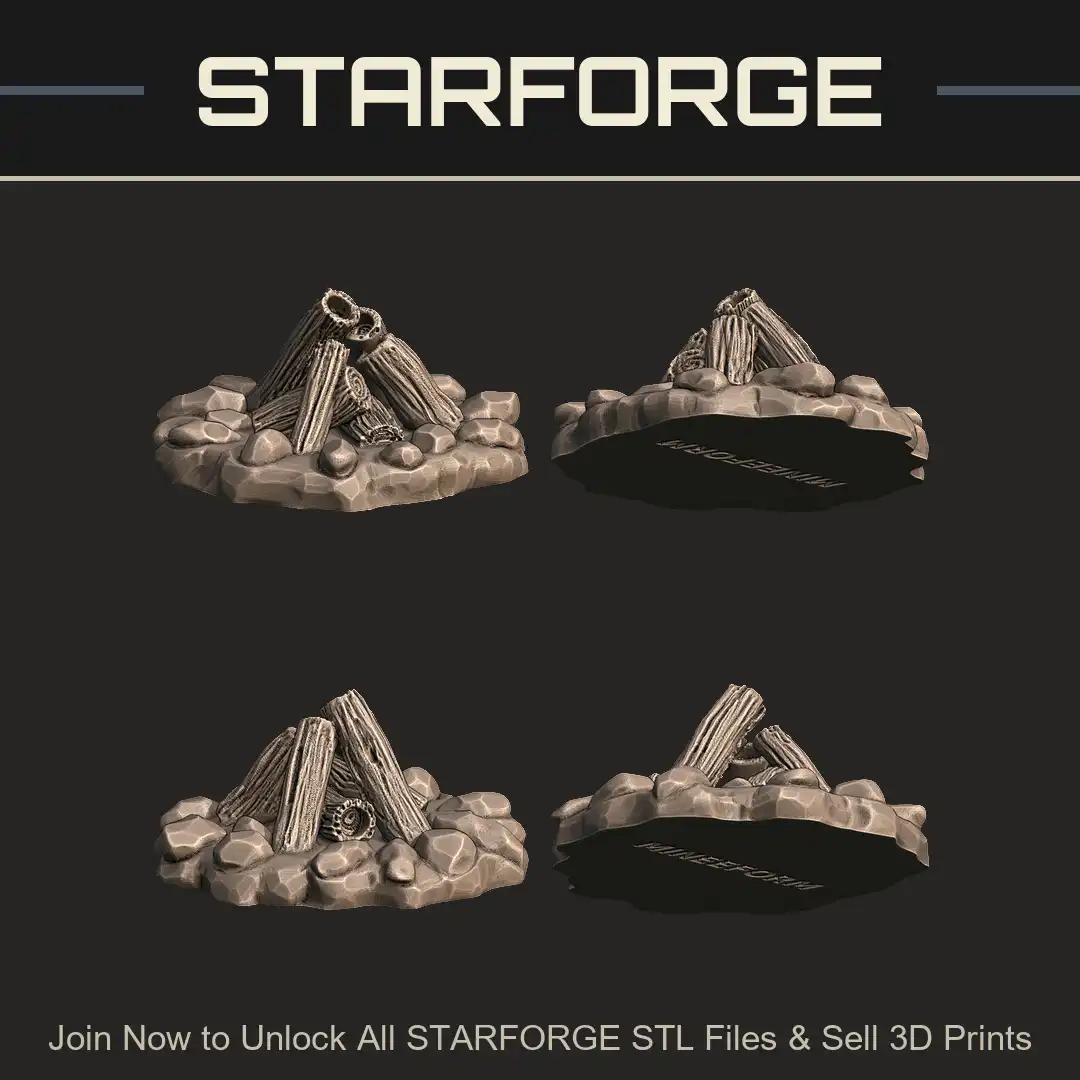 Unlit Wood Campfire Stone Ring Stacked Logs Timber Fire Pit Tepee Bark Campsite - 4 View Render