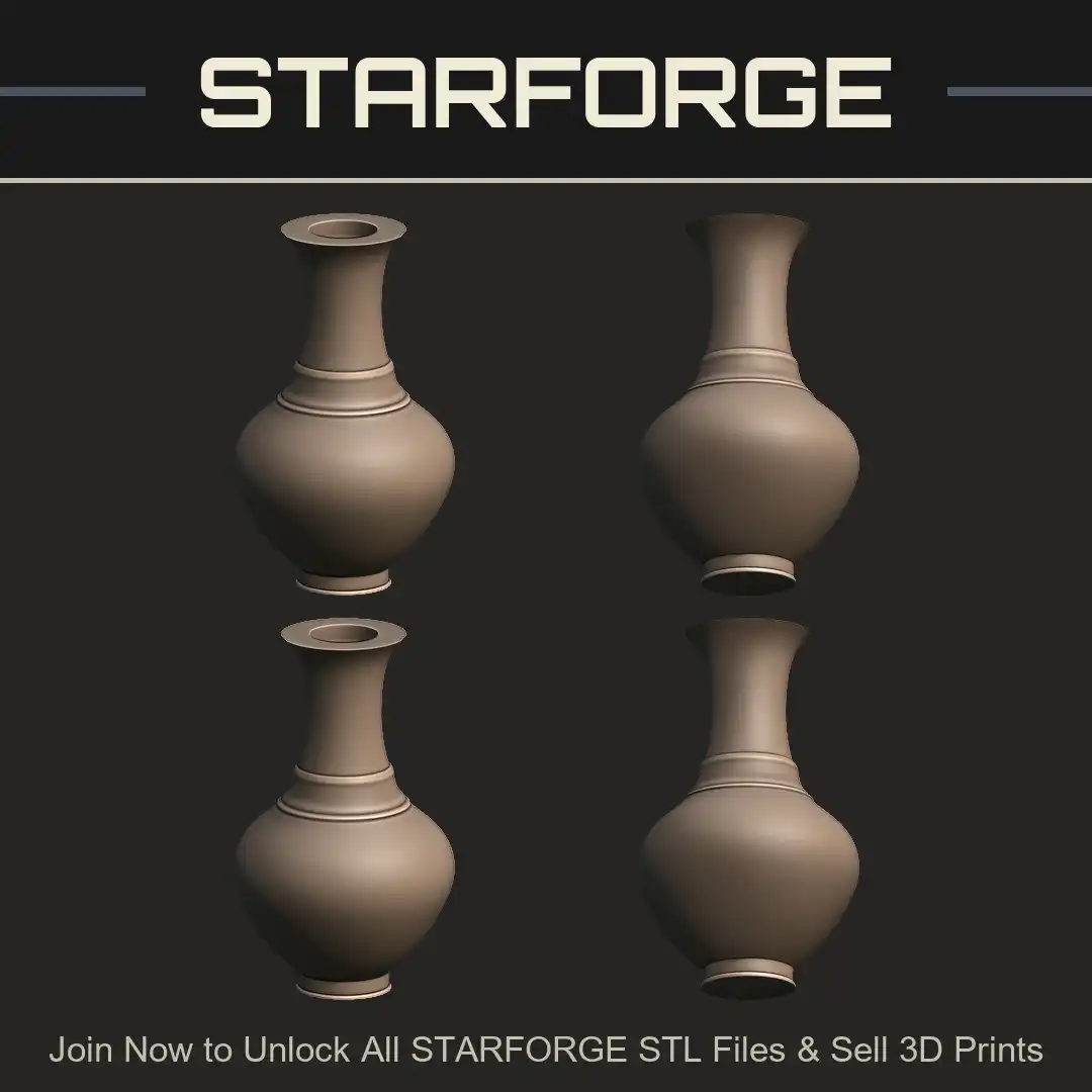 Vase Jar Vessel Urn Pottery Ceramic Baluster Flared Rim Ribbed Shoulder Bulbous Body Base - 4 View Render