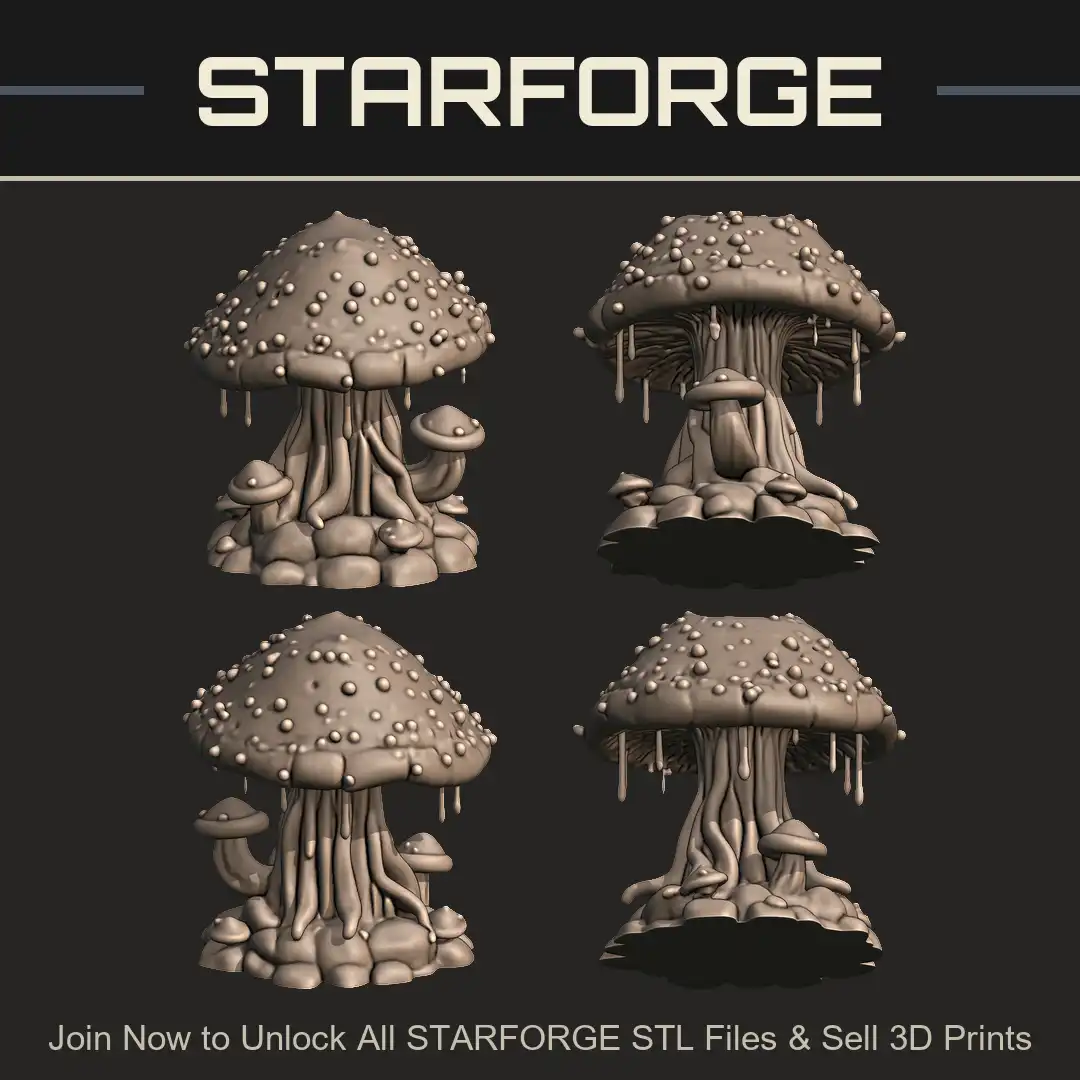 Warty Spotted Pointed Mushroom Toadstool Dripping Cap Ribbed Stalk Fungi Cluster - 4 View Render