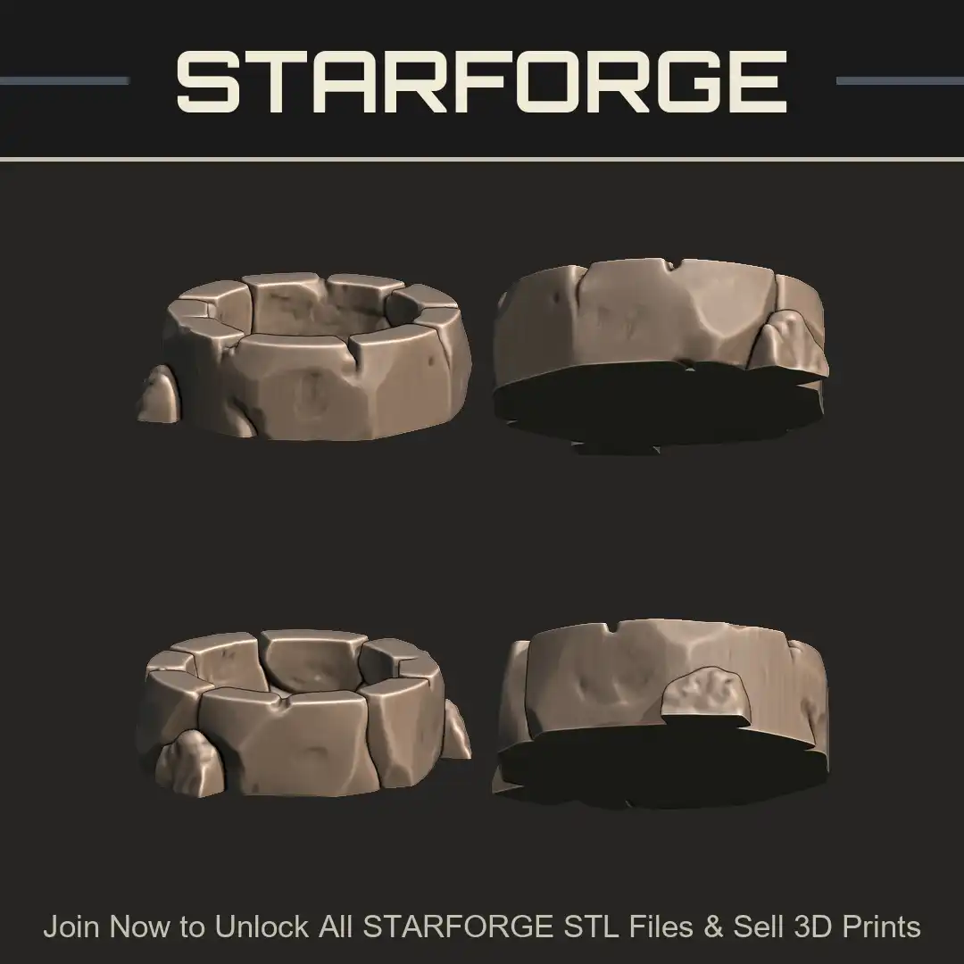 Weathered Stone Well Base Circular Fire Pit Round Rock Enclosure Low Wall Ruins Boulders - 4 View Render