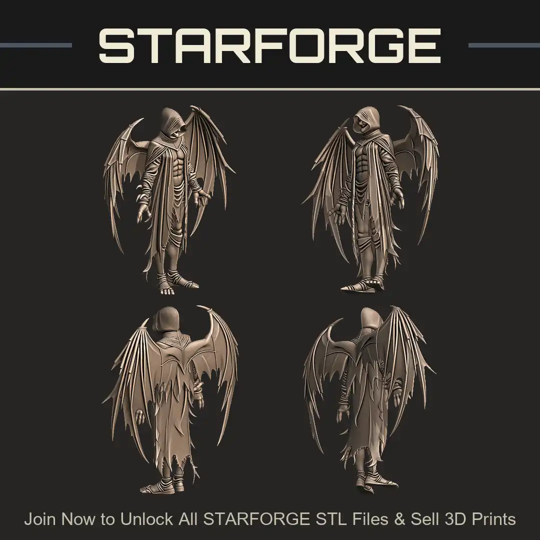 Winged Hooded Fallen Angel Demon Wraith Bat Wings Tattered Robes Clawed Hands Muscular Torso - 4 View Render