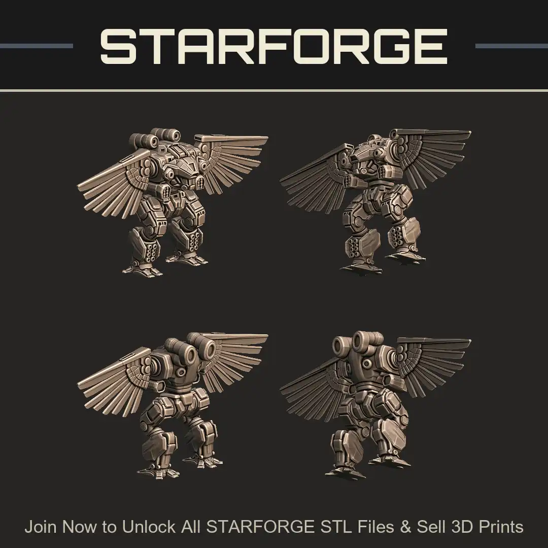 Winged Mecha Robot Bipedal Walker Missile Pods Rocket Launcher Heavy Armor Thruster - 4 View Render