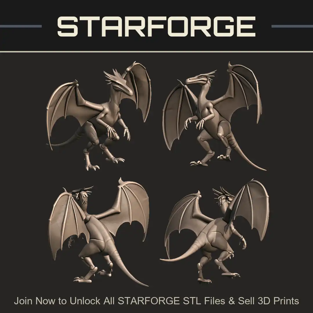 Winged Pterosaur Dragon Prehistoric Wyvern Crested Head Snout Bipedal Crouched Membrane Wings - 4 View Render