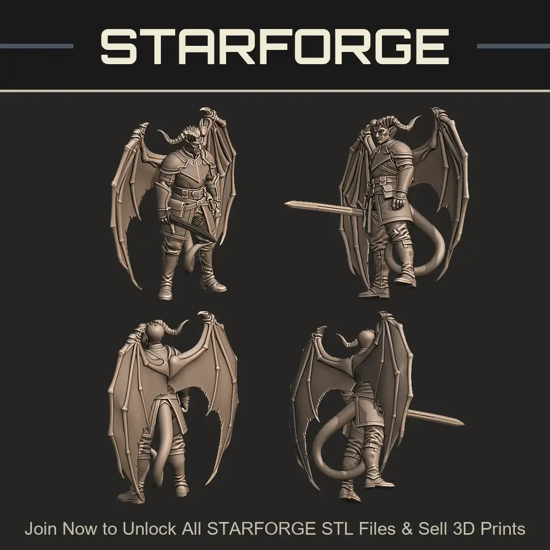 Winged Tiefling Demon Cambion Knight Plate Armor Short Sword Bat Wings Horns Spade Tail - 4 View Render