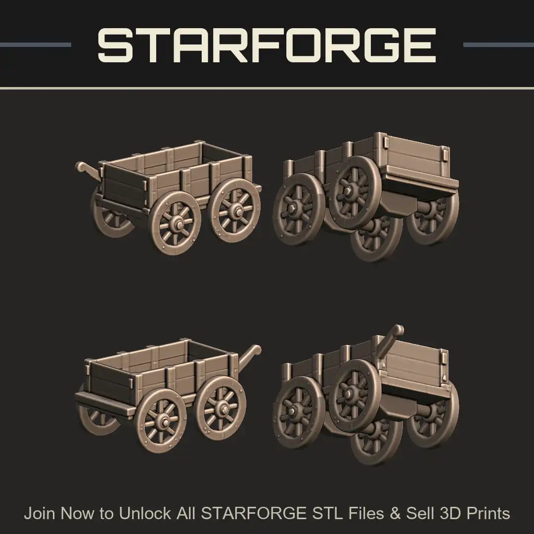 Wooden Four Wheeled Cart Wagon Handcart Spoked Wheels Planked Sides Pull Handle Supply - 4 View Render