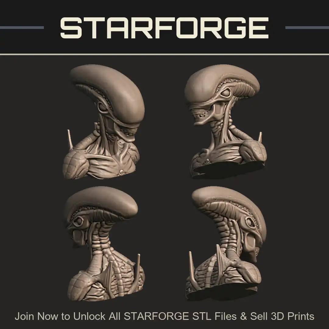 Xenomorph Big Chap Elongated Domed Cranium Ribbed Neck Biomechanical Giger Spine - 4 View Render