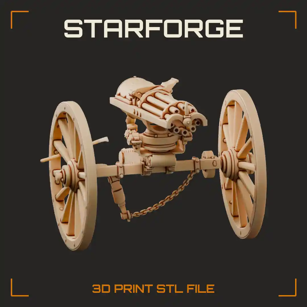 1865 Gatling Gun with Rotating Barrel Cluster Hand Crank Spoked Wheels and Trail Carriage