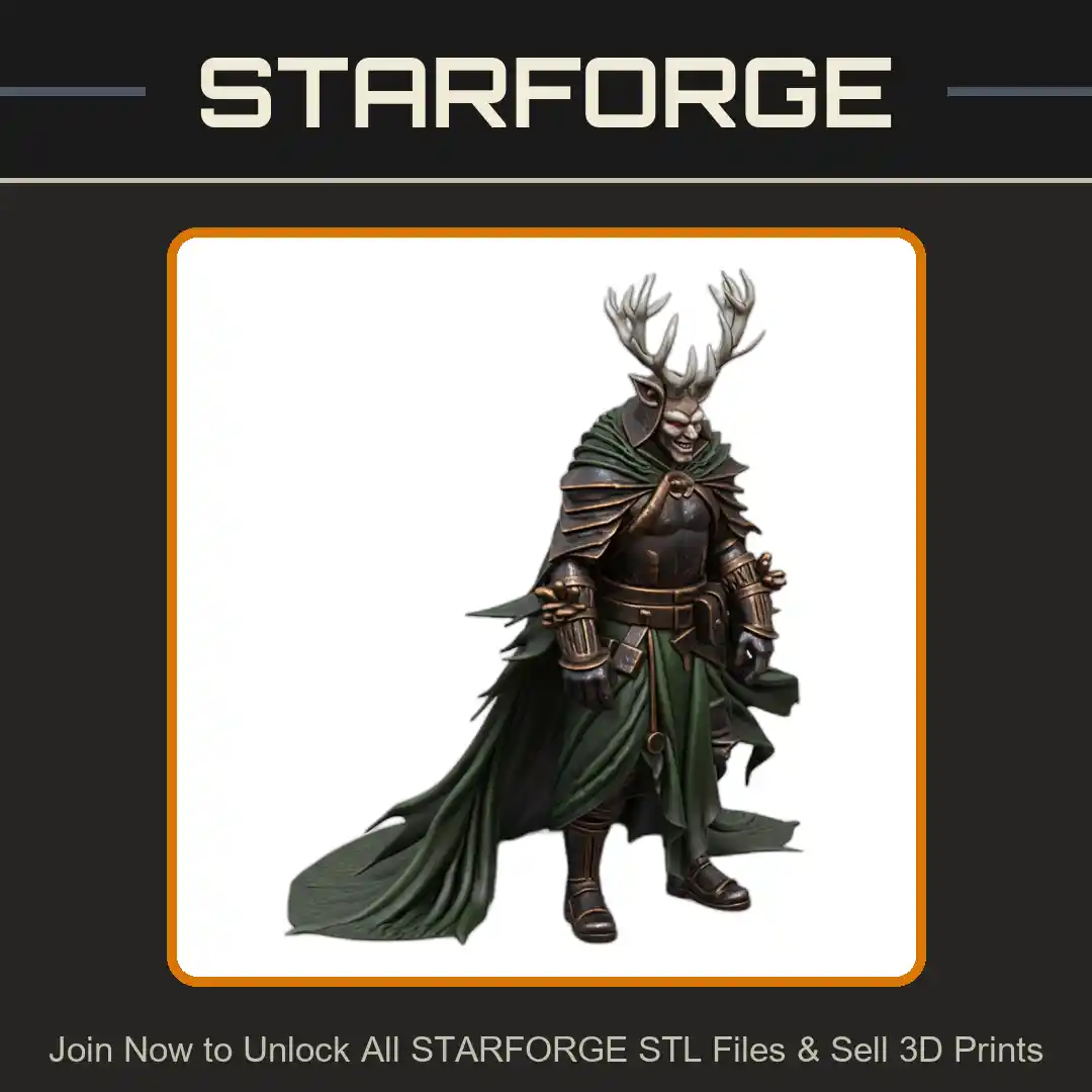 28mm Antlered Warrior Cloak Armor Sword Stag Helmet Regal Stance - 3D Printable STL File