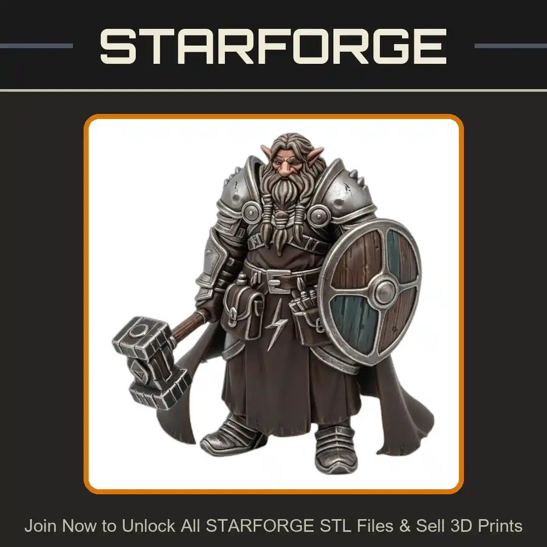 28mm DND Armored Dwarf Warrior Hammer Shield Braided Beard Cloak - 3D Printable STL File