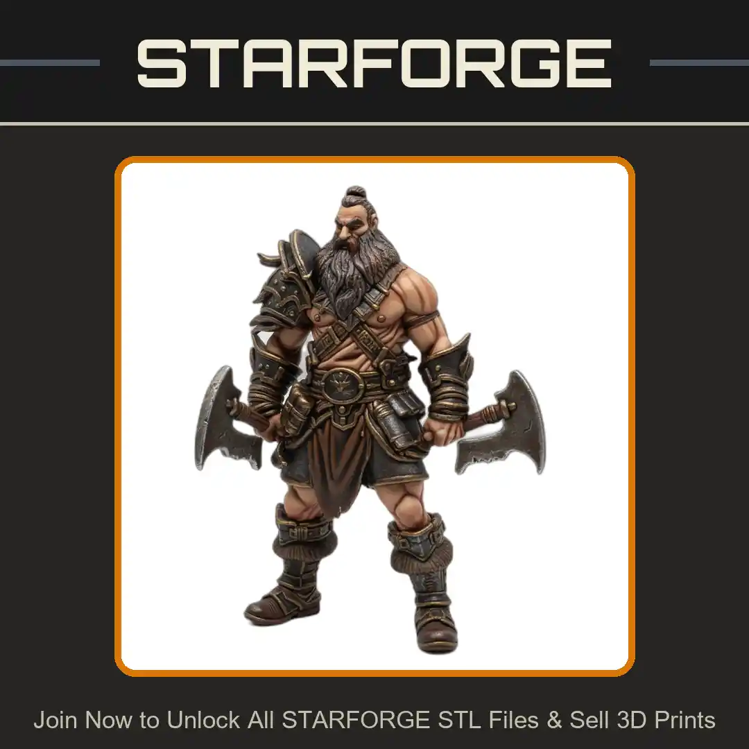 28mm DND Barbarian Warrior Dual Axes Braided Beard Heavy Armor Fierce Stance - 3D Printable STL File