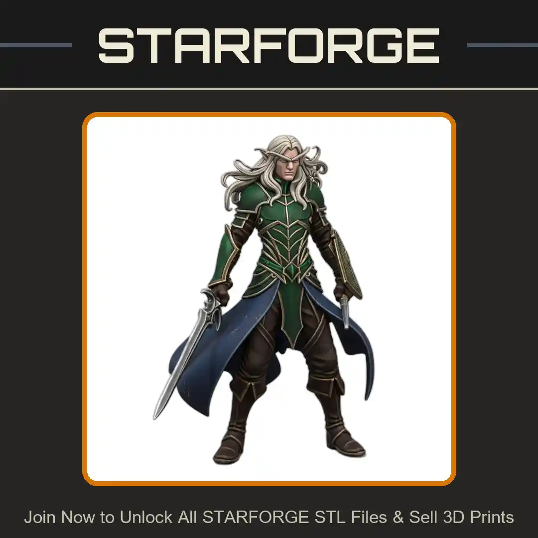 28mm DND Elf Warrior Dual Swords Flowing Hair Armor Cloak Regal Stance - 3D Printable STL File