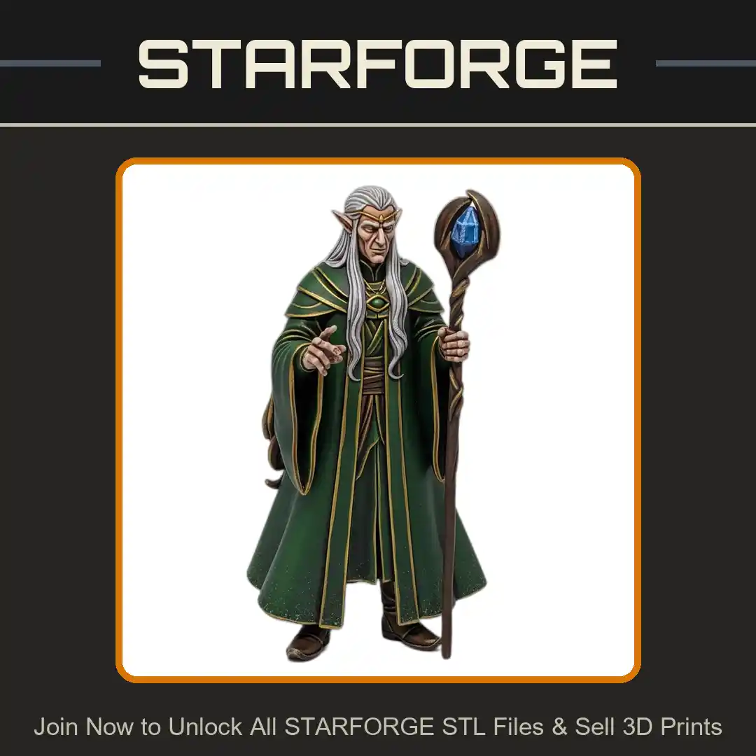 28mm DND Elf Wizard Long Robe Staff Casting Spell Mystical Gem - 3D Printable STL File