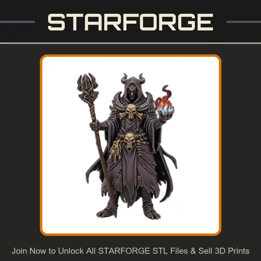 28mm DND Hooded Sorcerer Skull Staff Horns Casting Spell Cloaked Robes - 3D Printable STL File