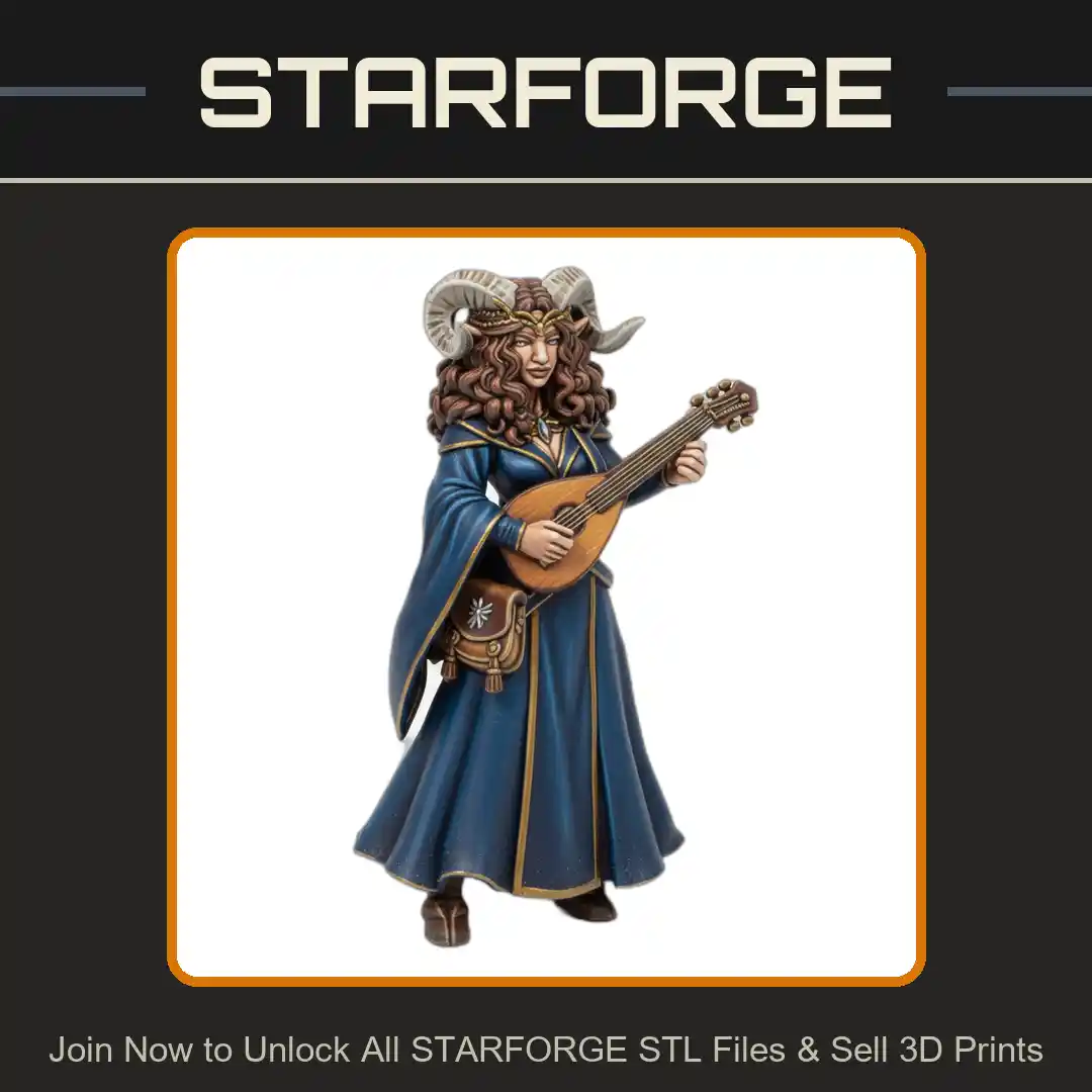 28mm DND Horned Bard Playing Lute Flowing Robes Long Curly Hair - 3D Printable STL File
