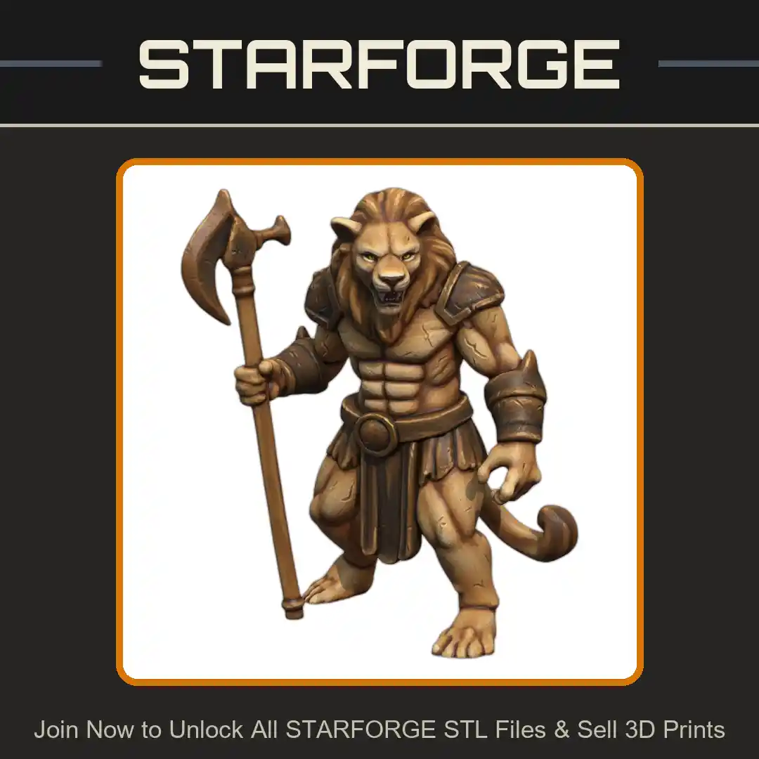 28mm DND Lion Beast Warrior with Battle Axe Miniature - 3D Printable STL File