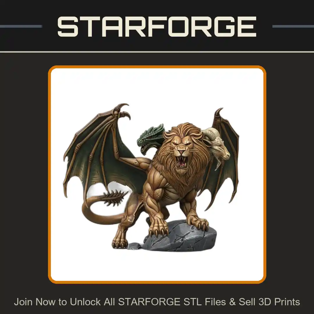 28mm DND Lion-Headed Chimera Bat Wings Horns Roaring Stance Rocky Base - 3D Printable STL File