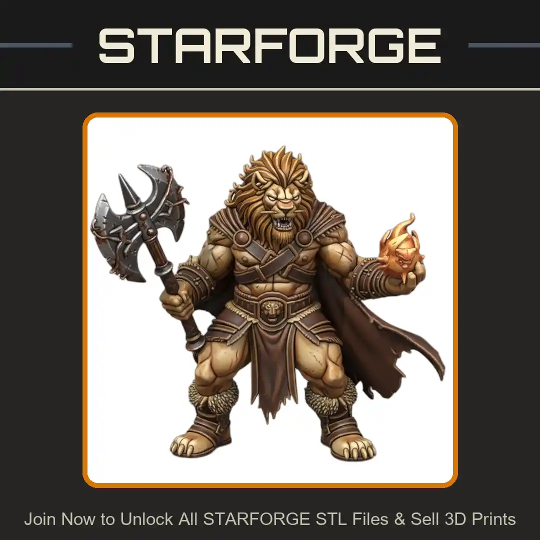 28mm DND Lion Warrior Dual Axes Armor Fierce Stance Roaring Mane - 3D Printable STL File