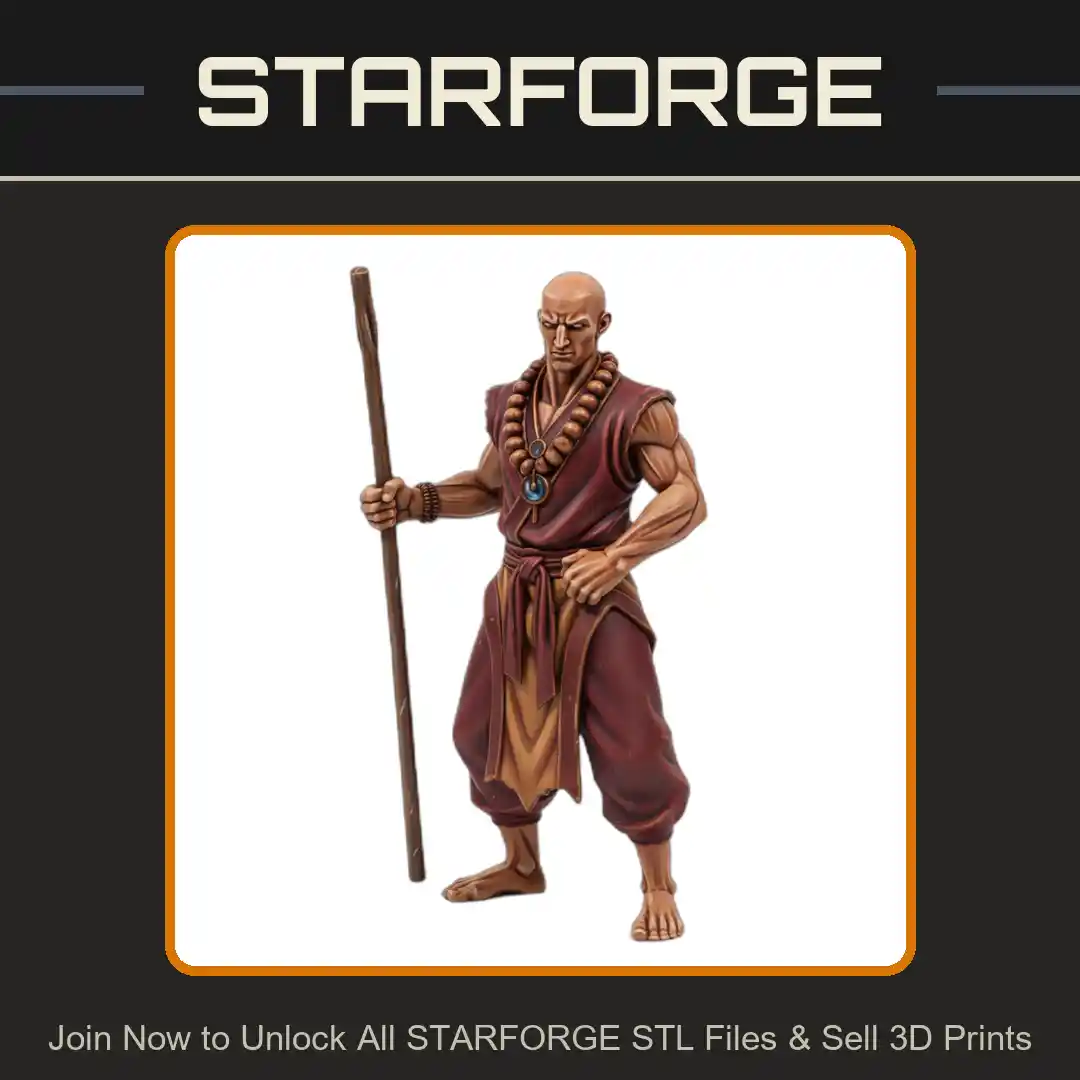 28mm DND Monk Warrior Staff Beaded Necklace Martial Arts Pose Bald Head Robes - 3D Printable STL File