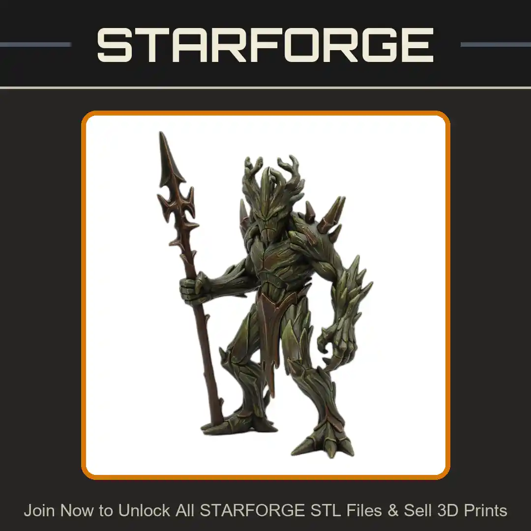 28mm DND Tree Creature Spear Armor Bark Texture Antlers Standing Pose - 3D Printable STL File