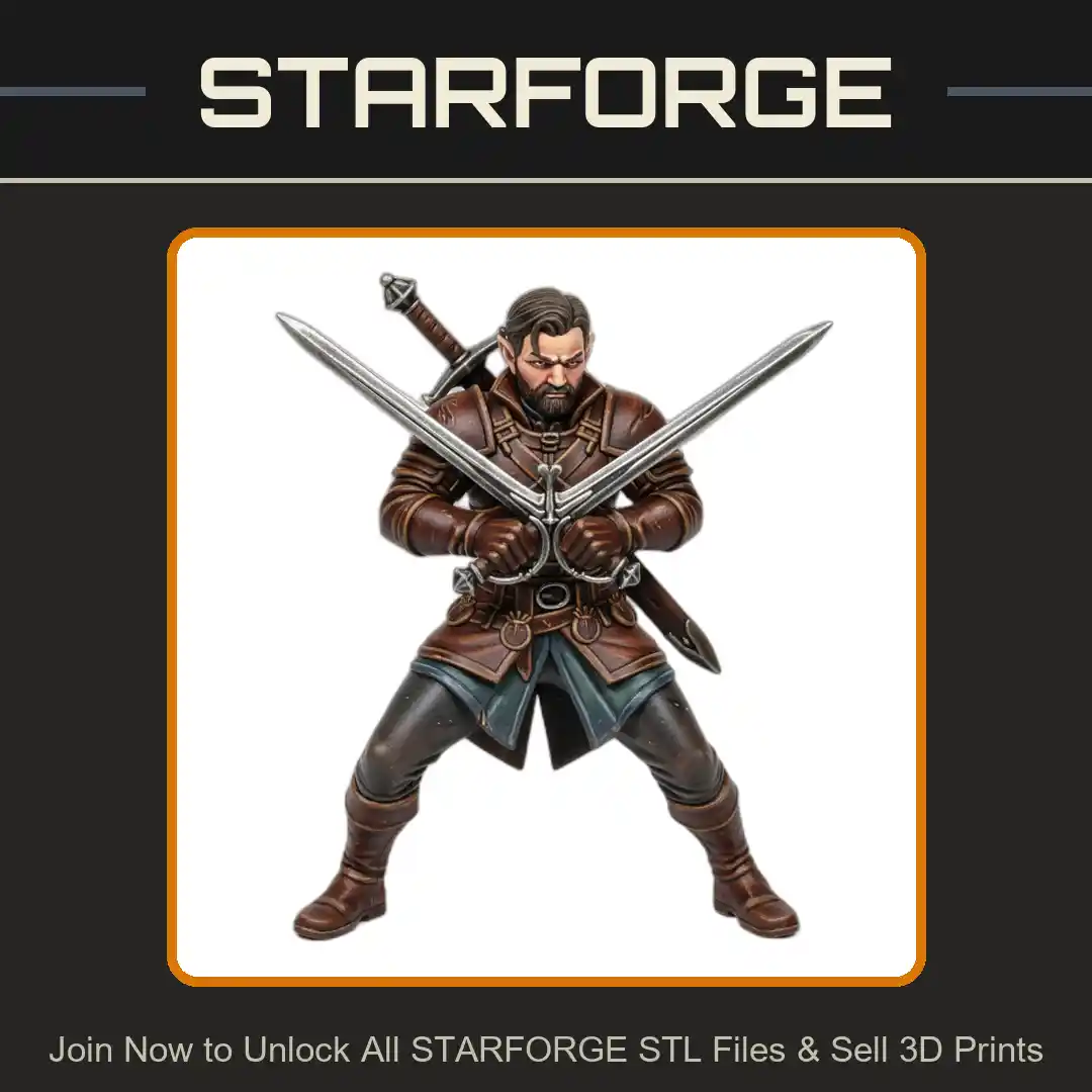 28mm DND Warrior Dual Swords Battle Stance Leather Armor Cloak - 3D Printable STL File