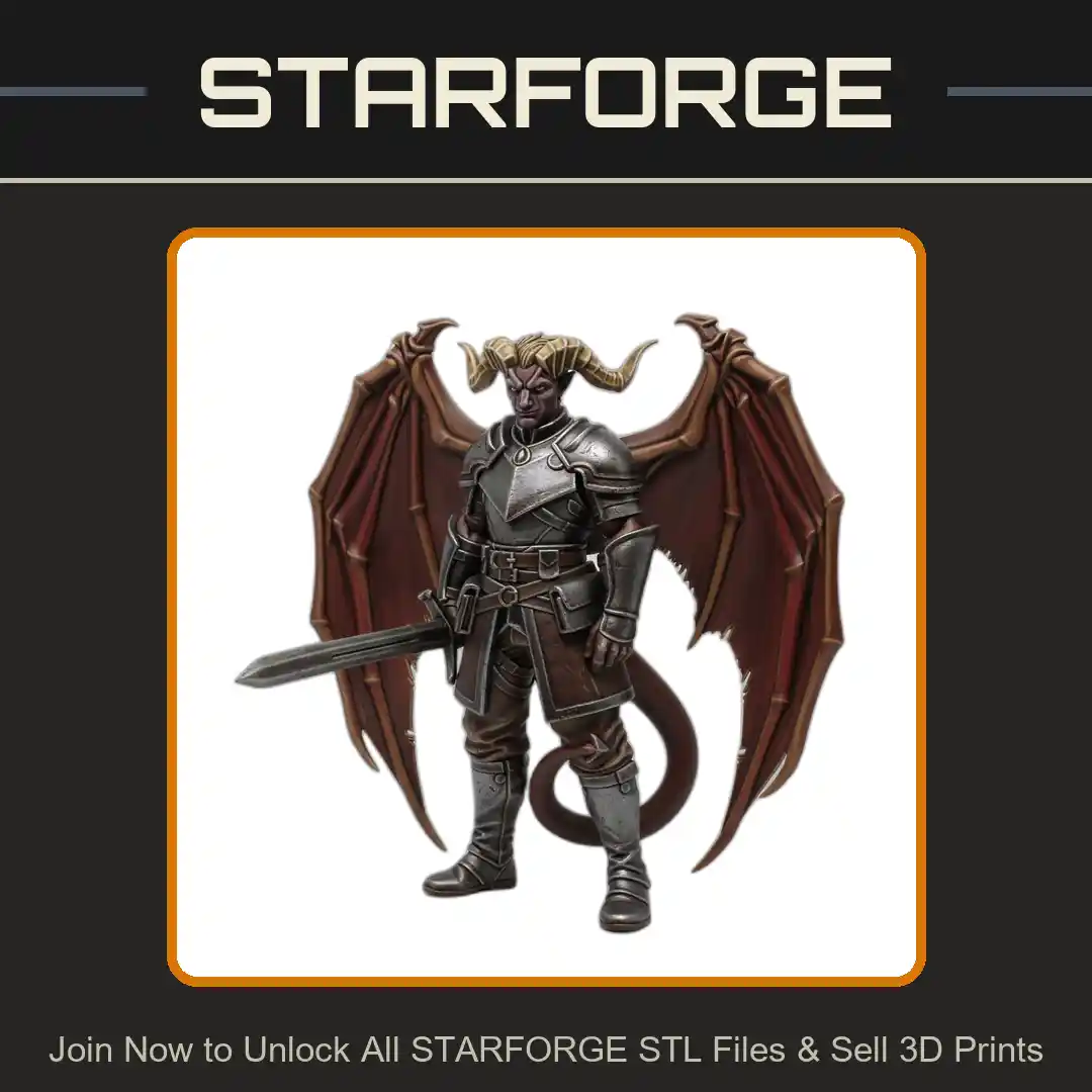 28mm DND Winged Demon Warrior Horned Armor Sword Cloak Tail - 3D Printable STL File