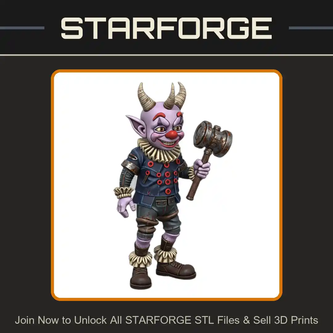 28mm Evil Clown Demon Horns Mallet Creepy Grin Striped Outfit - 3D Printable STL File