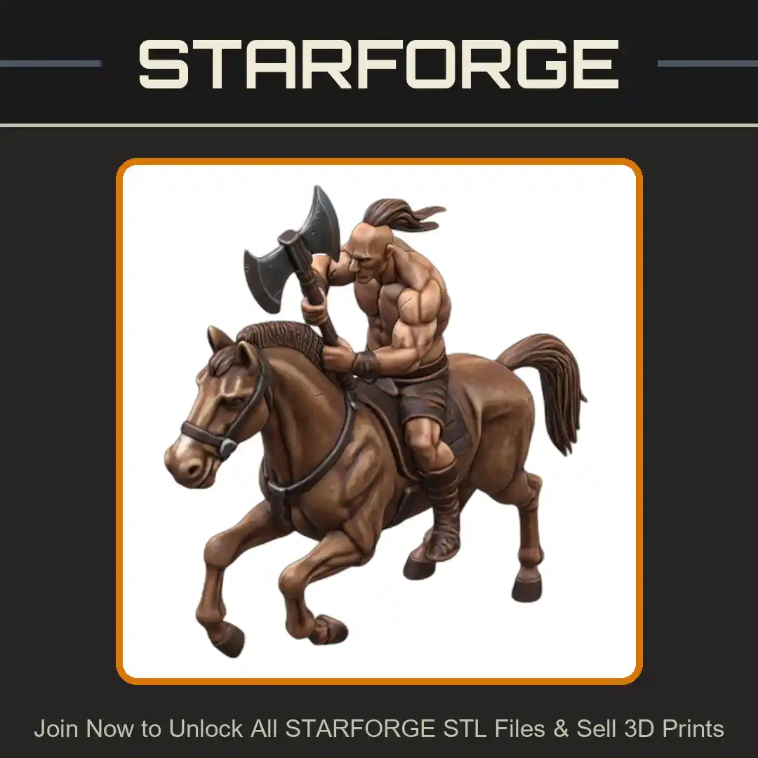 28mm Mounted Barbarian Warrior Dual Axes Charging Horseback - 3D Printable STL File