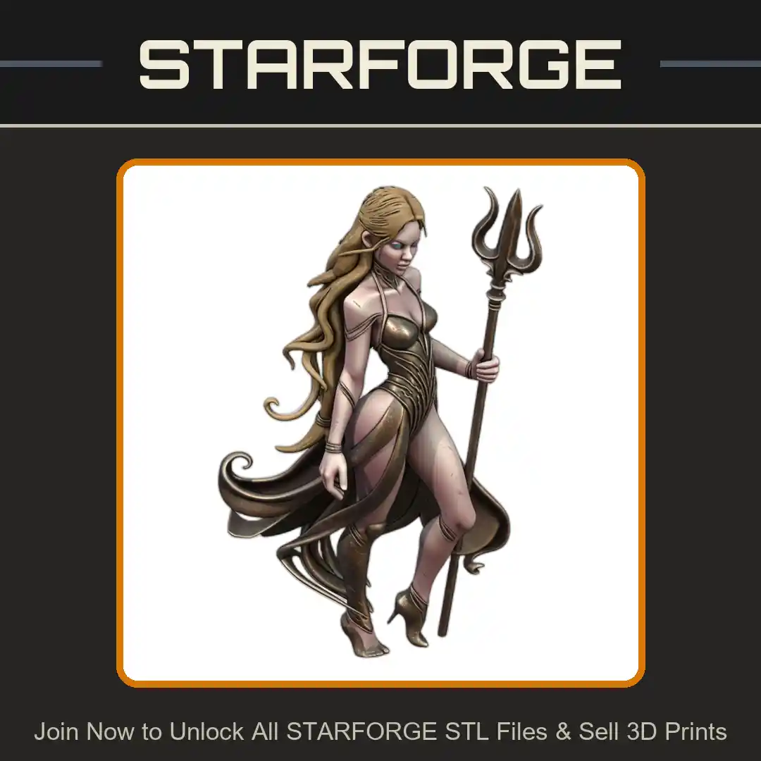 28mm Sorceress Trident Flowing Robes Long Hair Mystical Pose - 3D Printable STL File