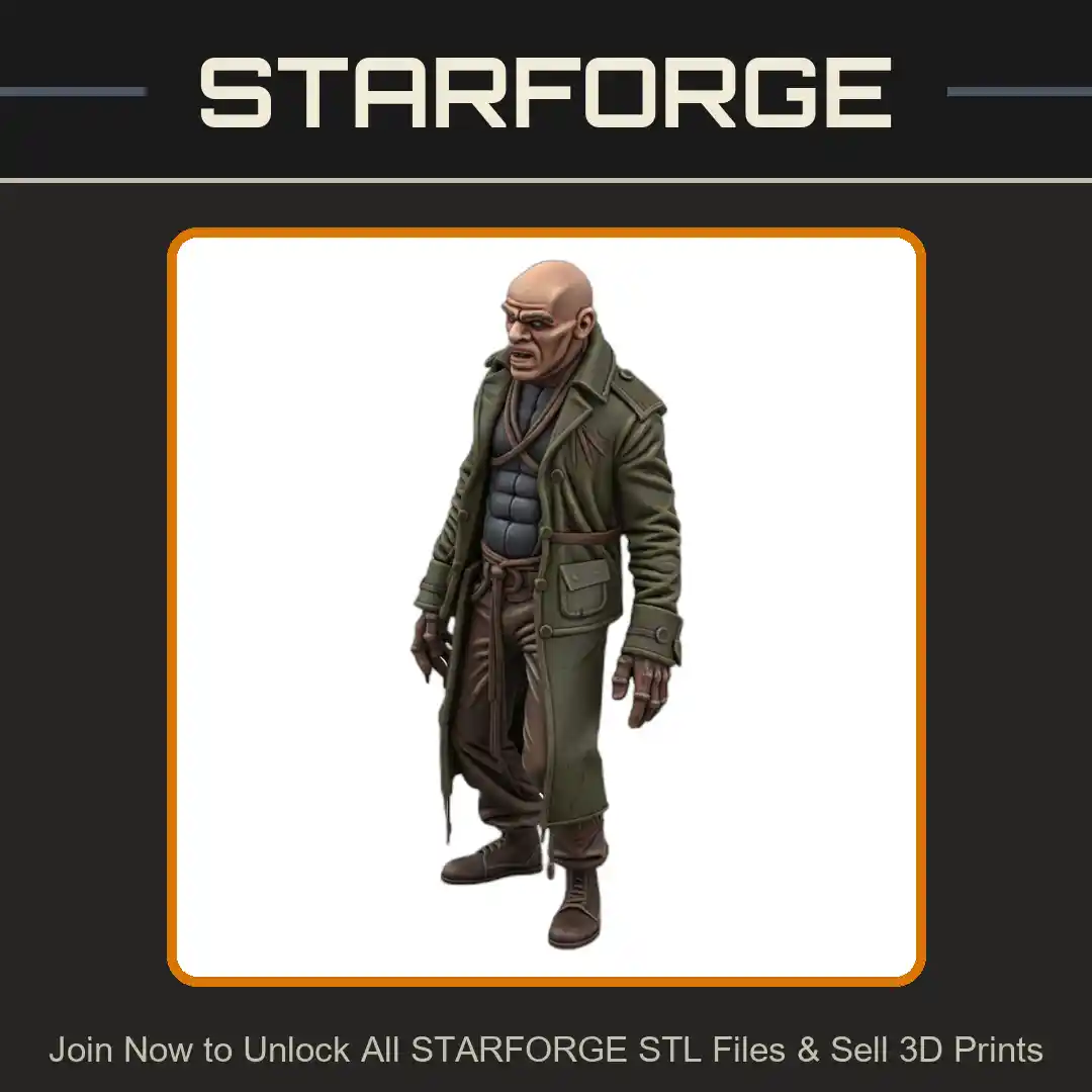 28mm Trench Coat Zombie Bald Scarred Stitches Combat Boots - 3D Printable STL File