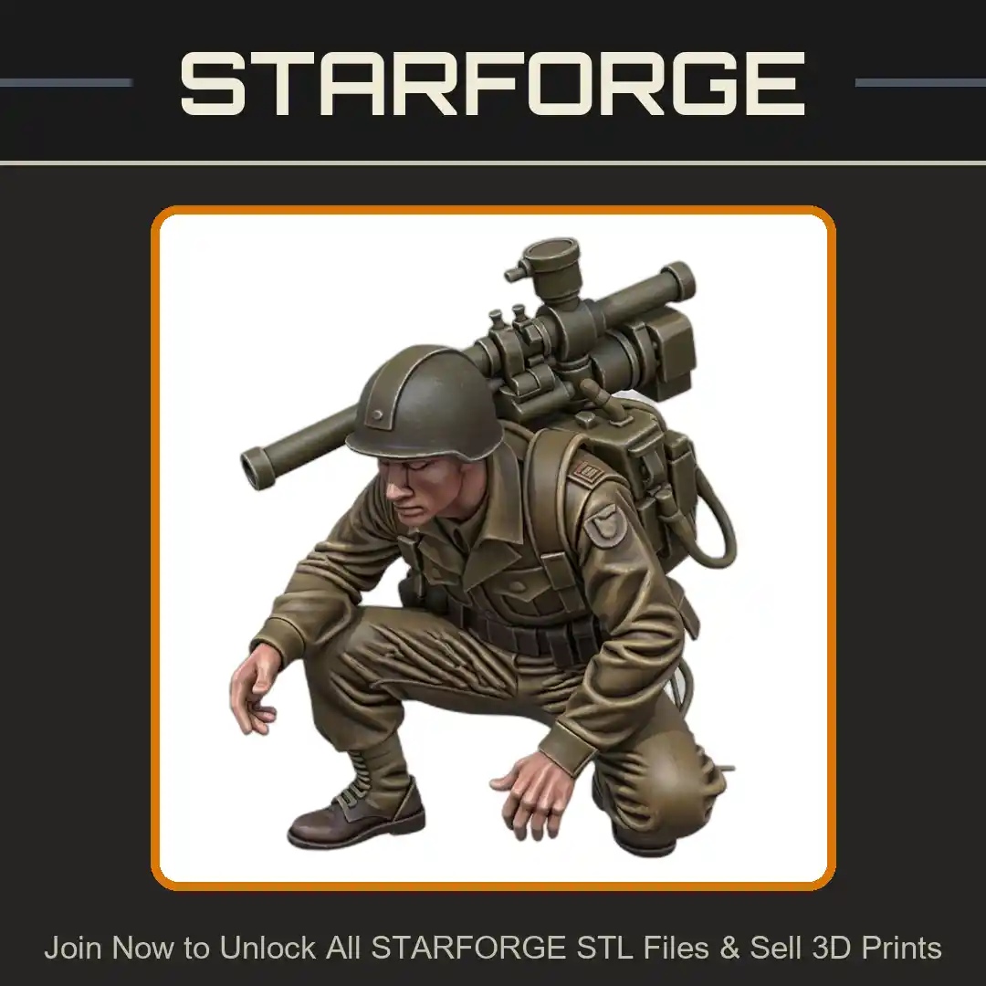 28mm WW2 Soldier Crouching with Bazooka Backpack Tactical Gear - 3D Printable STL File