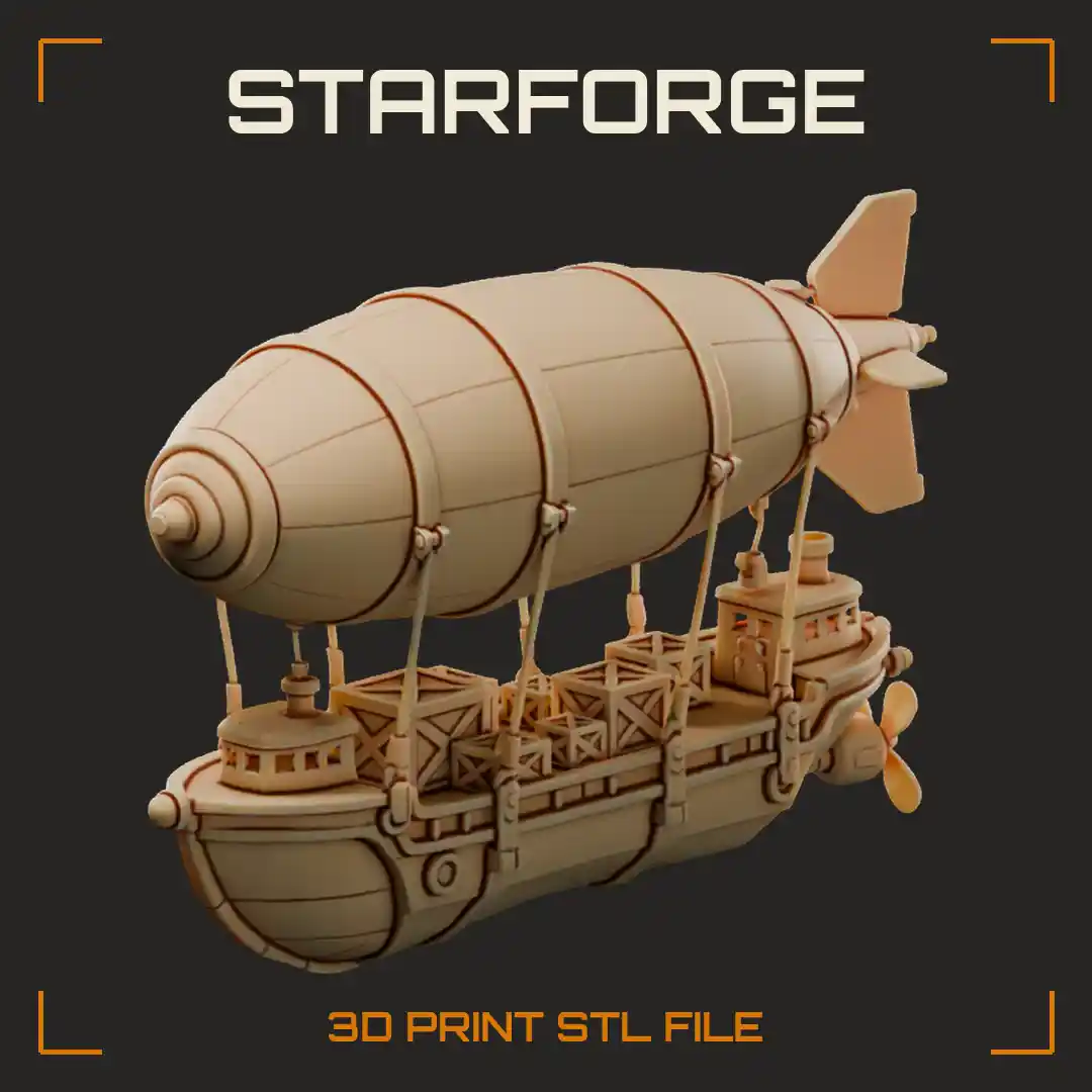 Airship Trade Barge with Cargo Crate Deck Twin Gas Bags and Rear Propeller