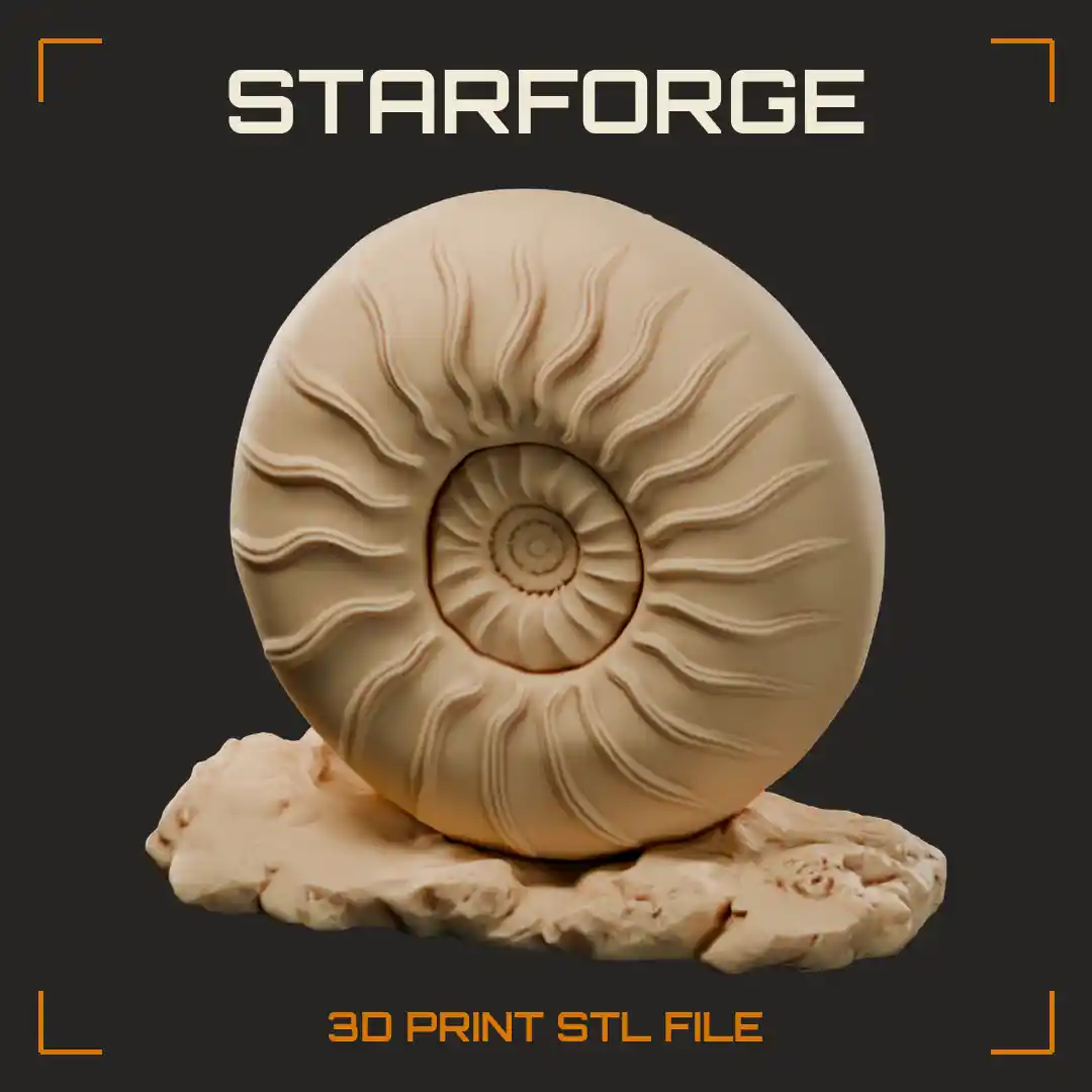 Ammonite Fossil Shell with Wavy Radiating Ribs on Rough Rock Base - 3D Printable STL File