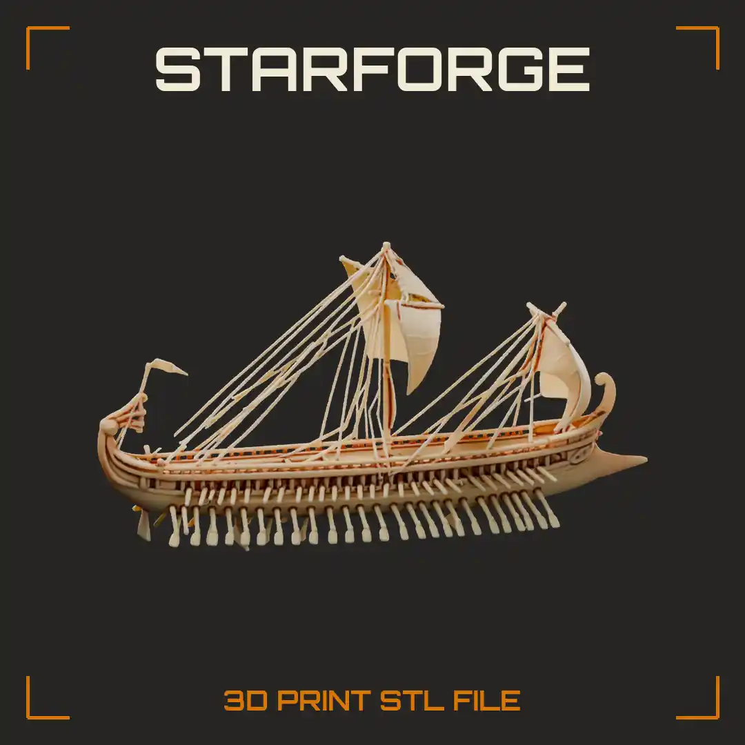 Ancient Greek Trireme Warship with Bronze Ram Three Banks of Oars and Square Sail Mast