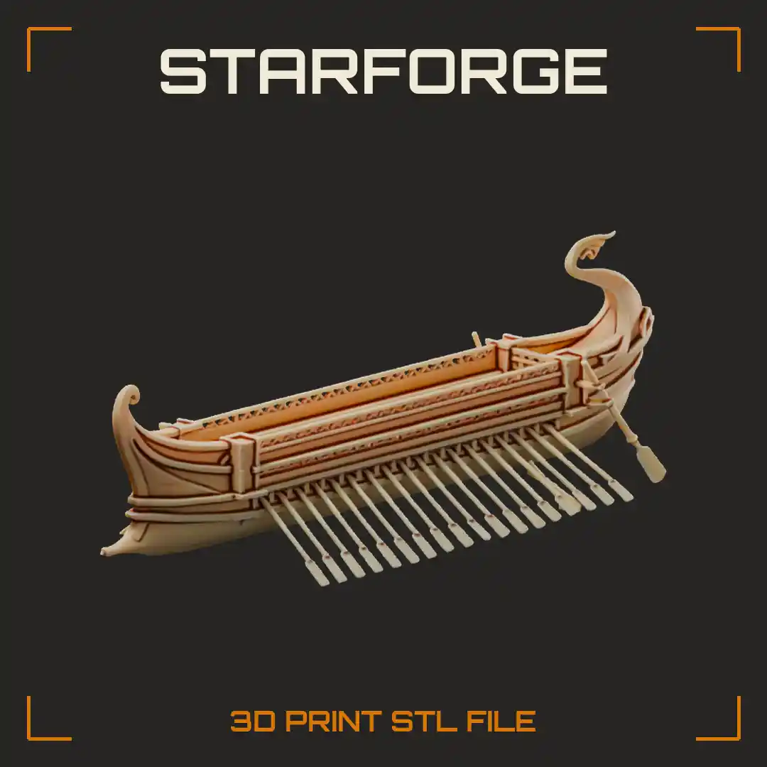 Ancient Trireme Oared Galley Warship with Bronze Ram Curved Stern and Long Hull