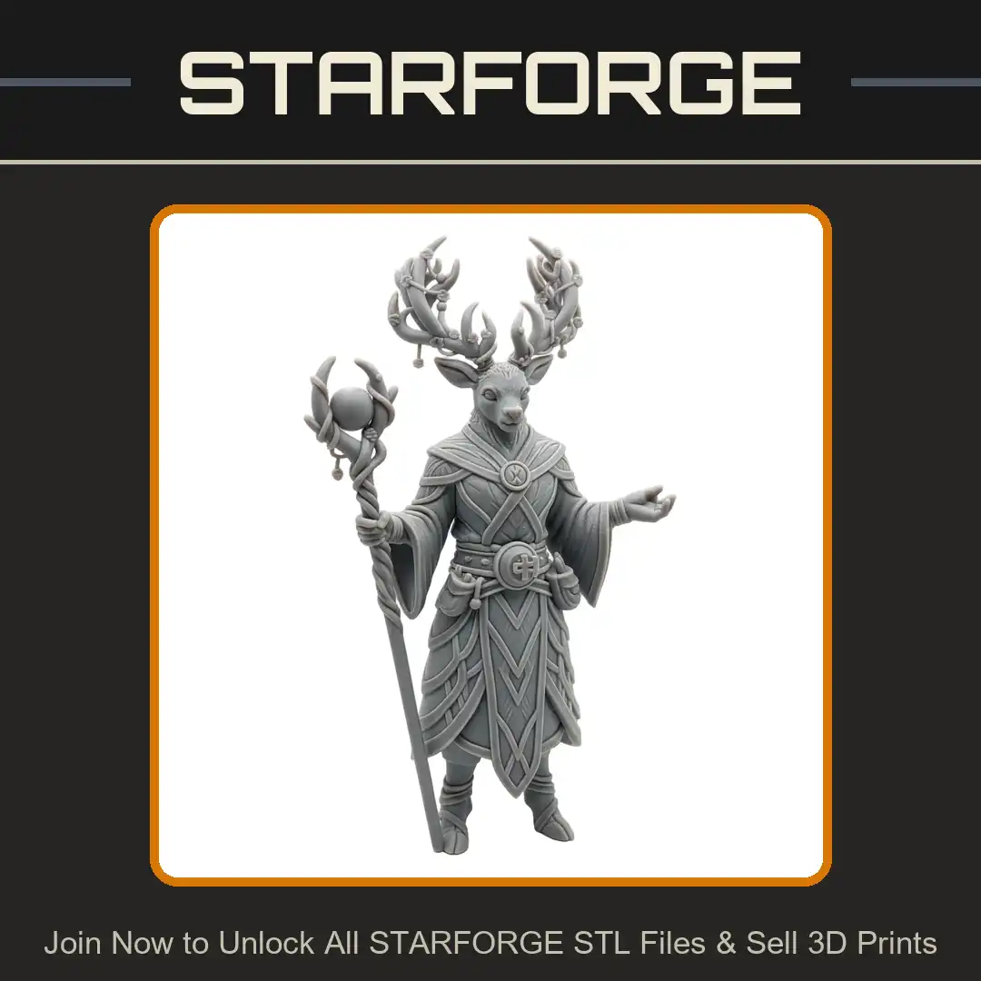 Antlered Stag Humanoid Druid Shaman Robes Crescent Moon Medallion Staff Orb Hooves - View 1 of 2