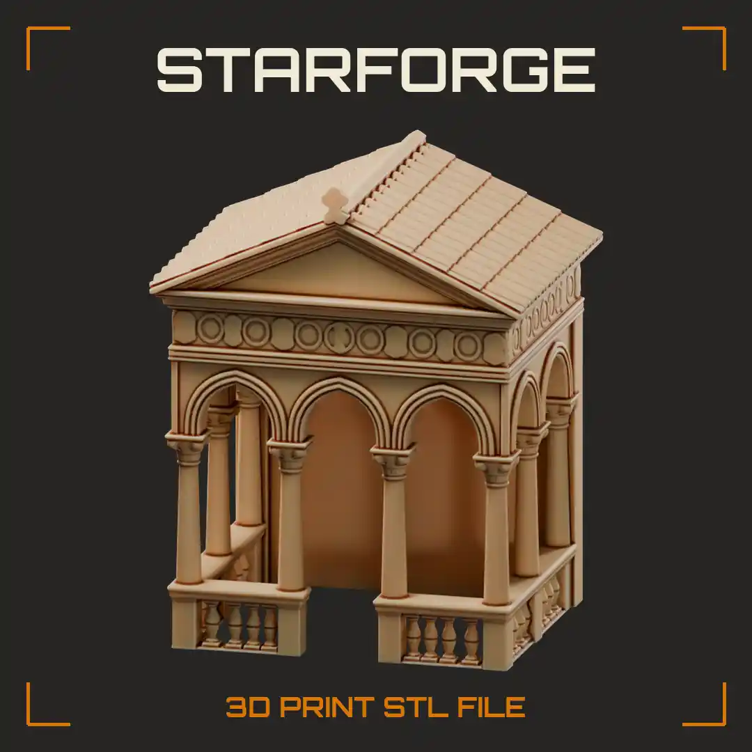 Arched Loggia Pavilion with Tiled Gable Roof Columns and Balustrade Railings - 3D Printable STL File