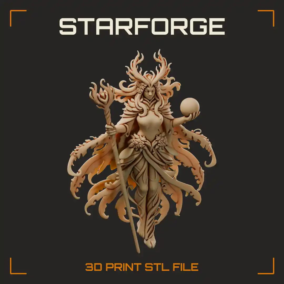 Archfey Warlock with Antlered Crown Flaming Staff Glowing Orb and Feathered Leaf Cloak - 3D Printable STL File